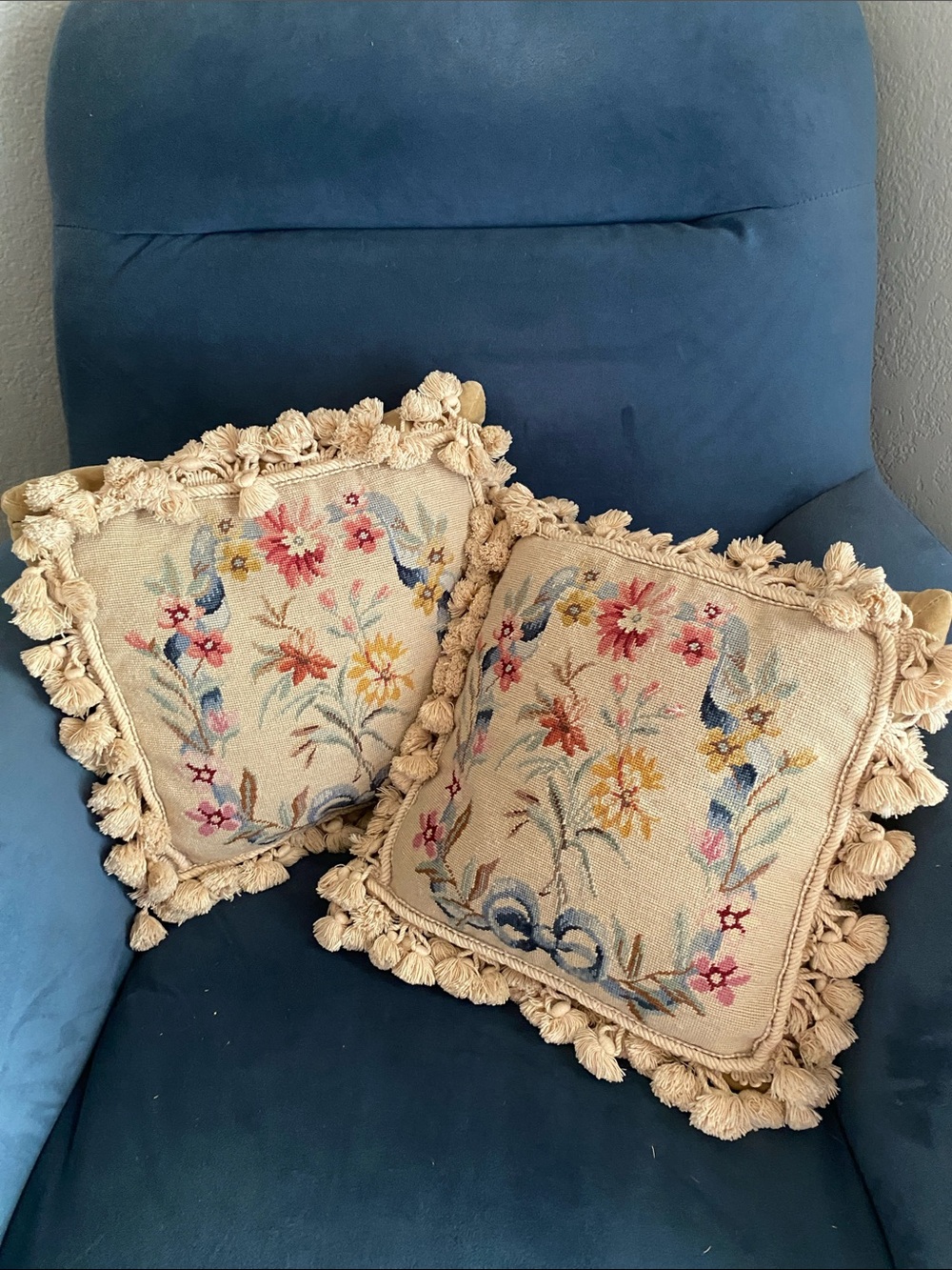 Vintage Needlepoint Throw Pillows – Set of 2 – Feather/Down Filled – 14” x 14”